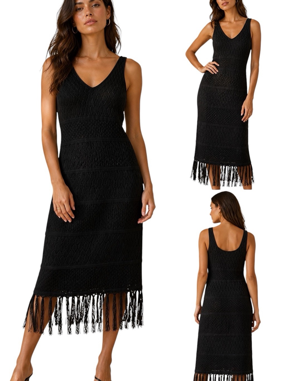 Daniela Corte Black 100%Silk Fringe Knit Midi Dress Size 40 (US Small) Boho Luxe